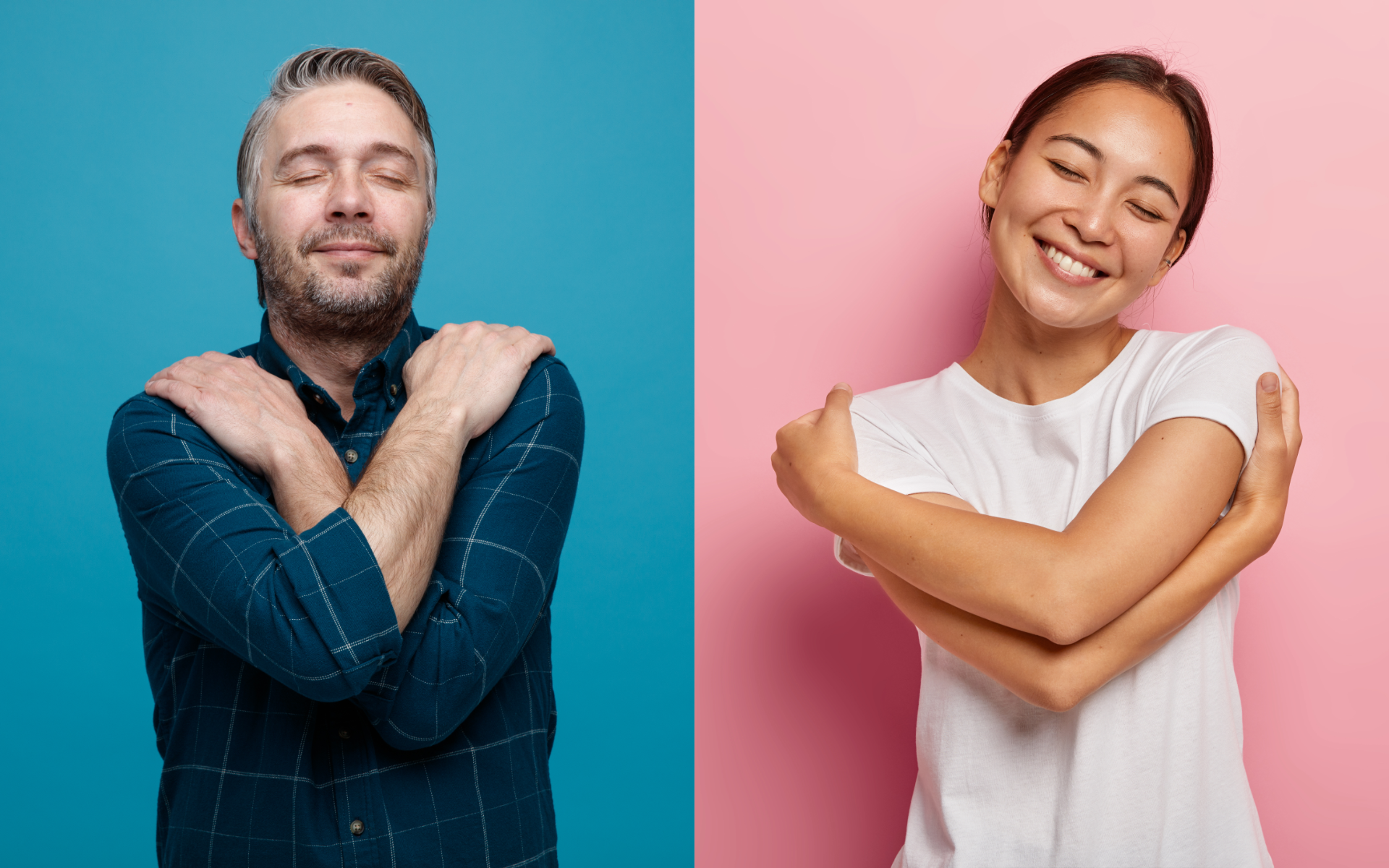 Man and woman hugging themselves